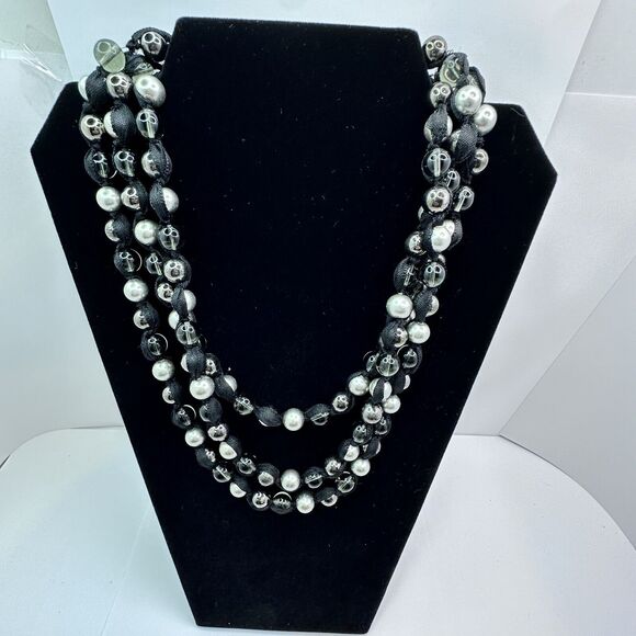 Multi Strand Statement Ribbon Necklace with Silver Black Clear Glass Beads 22" - Picture 8 of 14